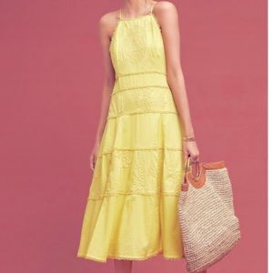 Anthropology embroidered halter yellow dress